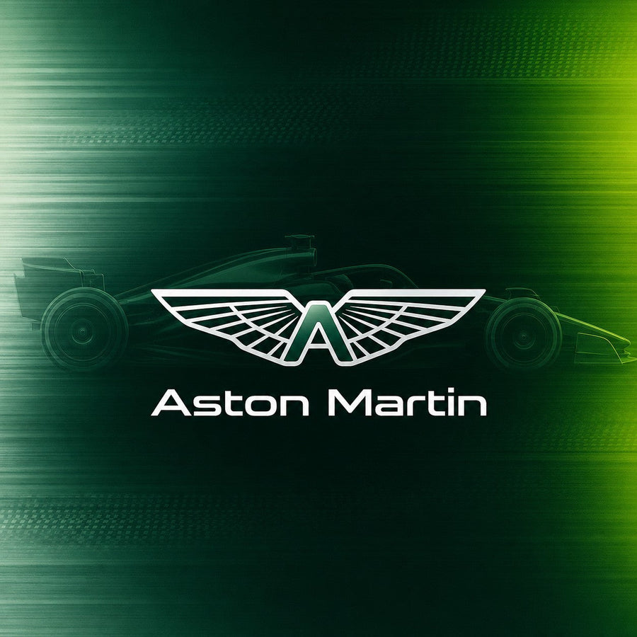 Aston Martin team logo centered over a watermarked Formula racing car on a green background.