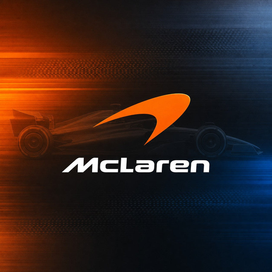 McLaren team logo centered over a watermarked Formula racing car on an orange, black and blue background.
