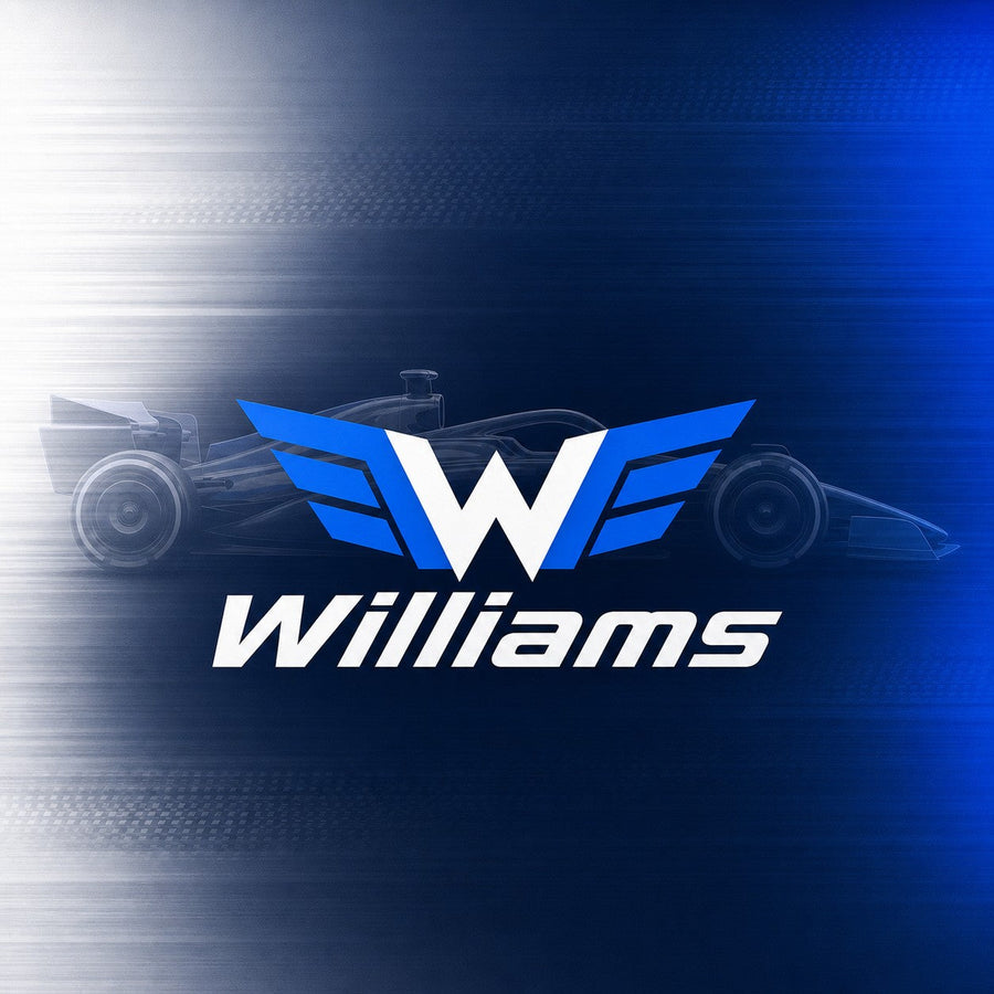 Williams team logo centered over a watermarked Formula racing car on a blue and white background.