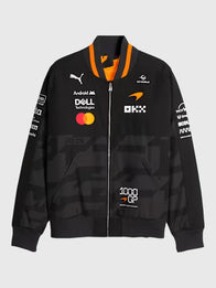Puma Mclaren RACING 1000th Grand Prix Bomber Jacket Bomber Jacket unisex front product view | Dash Racegear — Puma McLaren 2026 black bomber jacket, unisex 1000th Grand Prix design for modern sporty outfits.