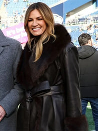 Erin Andrews NFC Championship 2025 Coat Coat unisex front product view | Dash Racegear — Faux leather Erin Andrews NFC Championship 2025 coat in black, chic and sporty layer for loyal fans.