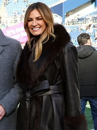 Erin Andrews NFC Championship 2025 Coat Coat unisex front product view | Dash Racegear — Faux leather Erin Andrews NFC Championship 2025 coat in black, chic and sporty layer for loyal fans.