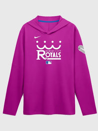 Kansas City Royals 2026 City Connect Long Sleeve Hooded T-Shirt Shirt unisex front product view | Dash Racegear — Nike Royals 2026 City Connect purple hoodie tee, lightweight Dri-FIT style for casual game-day wear.