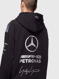 Y-3 x Mercedes-AMG F1 Black Hoodie Hoodie unisex detail view 4 | Dash Racegear — Y-3 Mercedes-AMG F1 2026 hoodie in black with bold logo, perfect for casual or track-day wear.