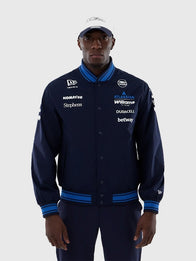 New Era x Atlassian Williams F1 Team Varsity Jacket Varsity Jacket unisex detail view 3 | Dash Racegear — New Era x Atlassian 2026 Williams F1 Team jacket, navy varsity design with iconic motorsport logos.