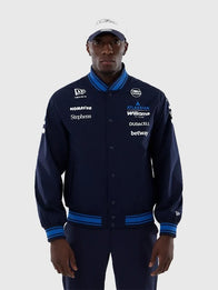 New Era x Atlassian Williams F1 Team Varsity Jacket Varsity Jacket unisex detail view 3 | Dash Racegear — New Era x Atlassian 2026 Williams F1 Team jacket, navy varsity design with iconic motorsport logos.