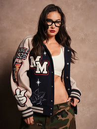 Mickey Mouse Wolves Club Rudy Navy Letterman Jacket Jacket unisex front product view | Dash Racegear — Navy Mickey Mouse Wolves Club Roxy Box Cut Rudy letterman varsity jacket crafted for premium comfort and versatile everyday fashion.