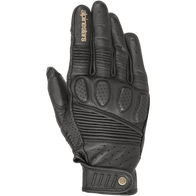 Alpinestars Crazy Eight Gloves, Black Leather Motorcycle Gloves, featuring accordion stretch panels on fingers and backhand, perforated knuckle padding, tan Alpinestars logo on index finger, and adjustable hook-and-loop wrist strap with circular logo detail.