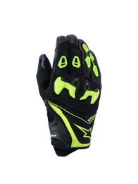Alpinestars SP-R Pro Gloves, Motorcycle Racing Gloves, Black and Yellow Fluo, featuring divided TPU knuckle protection, perforated leather and textile construction, bright neon accents with Alpinestars logo and sp-r pro branding on the cuff
