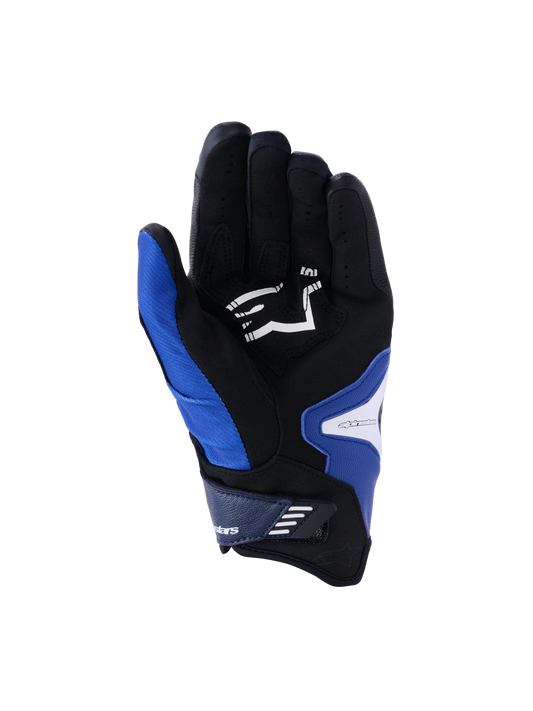 Alpinestars SP-R Pro Gloves, palm view, Bright Blue Navy and White, featuring a black synthetic leather palm with a white Alpinestars logo, short cuff design with a velcro closure strap, and reinforced grip sections.
