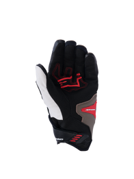 Alpinestars SP-R Pro Gloves, Palm View, Walnut Mastic Black colorway, featuring red grip inserts on a black and white base with tan accents, short cuff sport motorcycle gloves with reinforced palm and ergonomic design.