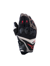 Alpinestars SP-R Pro Gloves, Motorcycle Racing Gloves, Walnut, Mastic, and Black with Red Accents, featuring divided hard knuckle protection, leather and textile construction, performance sport design