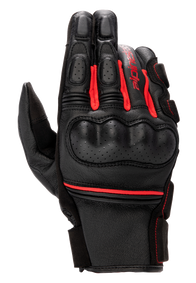 Alpinestars Phenom Leather Gloves, Motorcycle Racing Gloves, Black and Bright Red, perforated hard knuckle guard, premium goat leather construction, red accordion stretch inserts, and Alpinestars branding on the side.