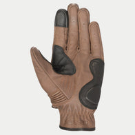 Alpinestars Crazy Eight Gloves, Brown and Black leather motorcycle gloves, palm side view, featuring black reinforced grip panels on the thumb and palm, touchscreen-compatible index fingertip, perforated leather detailing, and embossed logo on the cuff, heritage-inspired urban riding gear