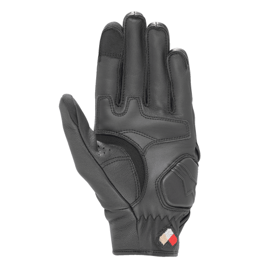 Alpinestars Dyno Leather Gloves, Black, Palm view showing padded reinforcements and goat leather construction, touchscreen compatible fingertips, short cuff road riding glove for urban use
