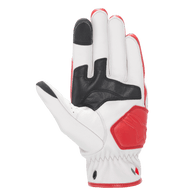 Alpinestars Dyno Leather Gloves, Leather Motorcycle Gloves, Ecru and Ruby Red, palm side view featuring black leather reinforcements, red padded landing zone, touchscreen-compatible fingertips on index and thumb, durable goat leather construction for urban riding.