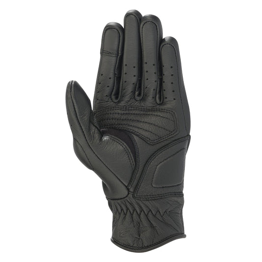Alpinestars Women Stella Vika V2 Gloves, Black Leather Motorcycle Gloves, palm side view showing reinforced padding, perforated fingers for airflow, and short cuff design