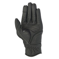Alpinestars Women Stella Vika V2 Gloves, Black Leather Motorcycle Gloves, palm side view showing reinforced padding, perforated fingers for airflow, and short cuff design