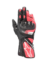 Alpinestars Stella SP-8 V3 Women's Motorcycle Gloves, Black and Diva Pink leather with hard knuckle protection and white accents.