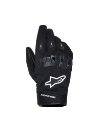 Alpinestars SP X Z Waterproof Gloves, Black motorcycle gloves with white star logo, featuring textured SP X TPU knuckle protection with glossy black segments, sleek street design with reinforced stitching, waterproof construction for all-weather riding