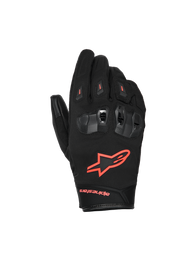 Alpinestars SP X Z Waterproof Gloves, Motorcycle Gloves, Black and Red Fluo, featuring divided TPU knuckle protectors with ventilation, bright red fluo logo on the back of the hand, and durable textile and leather construction for all-weather performance.