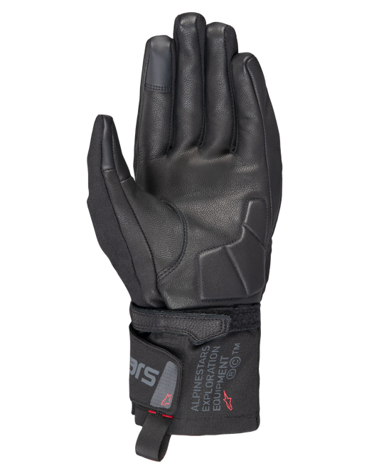 Alpinestars WT-3 Drystar® Insulated Gloves, Black motorcycle gloves, palm view showing leather reinforcement and padded palm, mid-length cuff with Alpinestars Exploration Equipment branding, touchscreen compatible fingertips, durable all-weather touring protection.