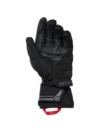 Alpinestars WT-8 GORE-TEX Insulated Gloves, Motorcycle Gloves, Black, inner palm view showing reinforced leather patches and padded sliders, long cuff with a red pull loop and Alpinestars Exploration Equipment branding with geographic coordinates, technical road and adventure design