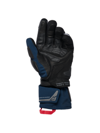 Alpinestars WT-8 GORE-TEX Insulated Gloves, Black and Dark Blue, palm view showing leather reinforcements and padded slider, long-cuff design with double wrist closure and red pull loop, featuring coordinates detailing and exploration equipment branding.