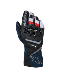 Alpinestars WT-8 GORE-TEX Insulated Gloves, motorcycle winter gloves, Black and Dark Blue with red and white accents, featuring hard TPU knuckle protection, GORE-TEX branding, and long-cuff design.