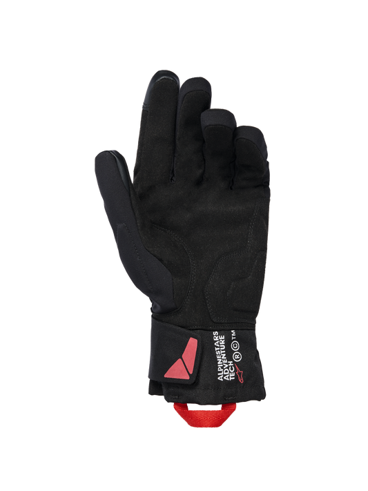 Alpinestars XT-3 Drystar® Insulated Gloves, Black Motorcycle Gloves, palm side view featuring suede material and red pull loop, Alpinestars Adventure Tech branding on the cuff, waterproof winter riding gear