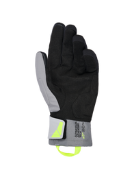 Alpinestars XT-3 Drystar® Insulated Gloves, Black and Dark Gray motorcycle gloves, palm view showing soft black suede and gray textile, fluorescent yellow pull tab and logo, 'ALPINESTARS ADVENTURE TECH' branding on the cuff, waterproof and insulated for adventure riding