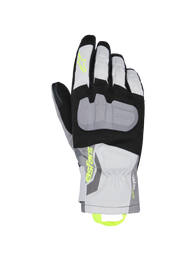 Alpinestars XT-3 Drystar Insulated Gloves, Motorcycle Touring Gloves, Black Gray and White, featuring a large gray protective knuckle plate, neon yellow Astars branding and pull loop, waterproof textile construction with mid-length cuff.