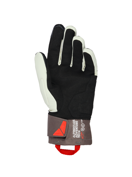 Alpinestars XT-3 Drystar® Insulated Gloves, palm view, Dark Brown Sand and Black, featuring soft suede palm for grip, mid-length cuff with Alpinestars Adventure Tech branding, red pull loop and velcro closure, adventure motorcycle gear