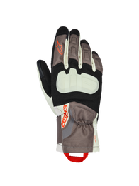 Alpinestars XT-3 Drystar® Insulated Gloves, Motorcycle Touring Gloves, Dark Brown, Sand and Black with Orange Accents, featuring an exposed knuckle protector, mid-length cuff, durable textile construction, and Alpinestars branding with a red finger pull loop.