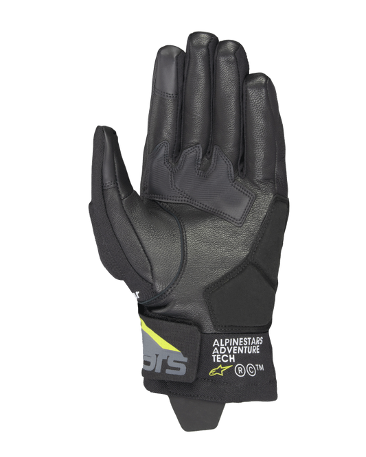 Alpinestars Corozal V3 Drystar® Gloves, Black Deep Gray and Yellow Fluo, palm view featuring leather construction with synthetic reinforcements, touchscreen-compatible fingertips, and Alpinestars Adventure Tech branding on the short cuff.