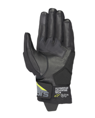 Alpinestars Corozal V3 Drystar® Gloves, Black Deep Gray and Yellow Fluo, palm view featuring leather construction with synthetic reinforcements, touchscreen-compatible fingertips, and Alpinestars Adventure Tech branding on the short cuff.