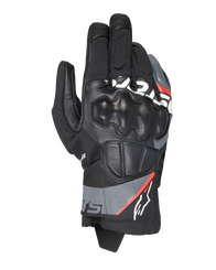 Alpinestars Corozal V3 Drystar® Gloves, Adventure Motorcycle Gloves, Black with Deep Gray and Red Fluo accents, top-down view featuring leather-covered SP knuckle protection, textile and leather chassis, and short cuff design, waterproof adventure riding gear
