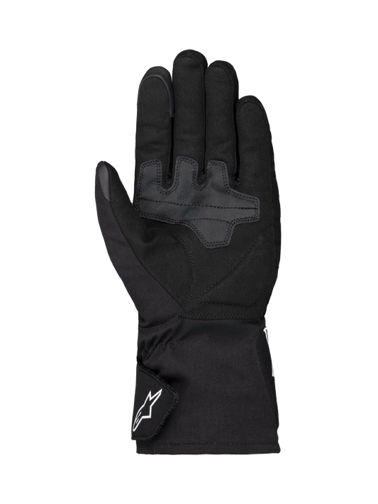 Alpinestars Wt-1 Drystar® Insulated Gloves, Motorcycle Gloves, Black, palm view featuring reinforced textile grip areas, long cuff with white Alpinestars logo on the strap, weather-resistant construction for road riding