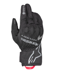 Alpinestars Crestone GORE-TEX Insulated Gloves, Black Motorcycle Touring Gloves, Waterproof and Breathable textile backhand, integrated knuckle protection, silver Alpinestars logo and coordinates, red webbing pull loop