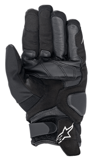Alpinestars Smx-1 Drystar® Gloves, Waterproof Motorcycle Gloves, Black, palm view showing reinforced leather and synthetic suede construction, padded landing zones for durability, and a wrist closure with the white Alpinestars logo.