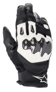 Alpinestars SMX-1 Drystar® Gloves, Short Cuff Motorcycle Riding Gloves, Black and White, featuring carbon fiber effect knuckle protection, white leather backhand panel, waterproof and breathable Drystar® construction, Alpinestars logo on the wrist