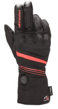Alpinestars HT-5 Heat Tech Drystar® Gloves, Heated Motorcycle Gloves, Black with Red accents, featuring a circular power button on the cuff, red stripes across the hand and wrist, Alpinestars branding on the finger, designed for waterproof cold weather protection