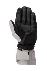 Alpinestars WR-X GORE-TEX Gloves, Winter Motorcycle Gloves, Dark Gray Ice Gray and Black, palm view showing leather construction, synthetic suede reinforcements, touchscreen compatible index finger, and long cuff for weather protection