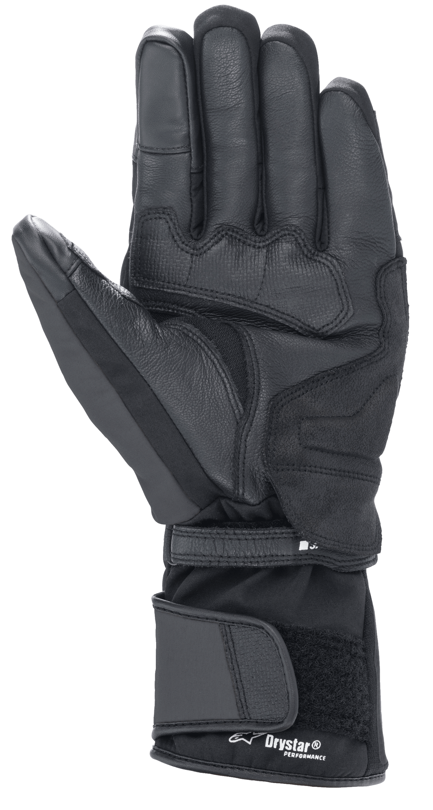 Alpinestars Denali Aerogel Drystar® Gloves, Black, palm view featuring reinforced material panels, textured grip on fingers, and adjustable long cuff with Drystar® Performance branding, winter motorcycle gear for adventure touring