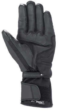 Alpinestars Denali Aerogel Drystar® Gloves, Black, palm view featuring reinforced material panels, textured grip on fingers, and adjustable long cuff with Drystar® Performance branding, winter motorcycle gear for adventure touring