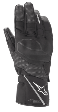 Alpinestars Andes V3 Drystar Glove, Black Motorcycle Touring Glove, goat leather and textile construction, featuring integrated knuckle armor, white Alpinestars logo on the cuff with a reflective stripe, textured finger panels, and Drystar Performance technology