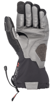 Alpinestars Amt-10 Drystar® XF Winter Gloves, Motorcycle Touring Gloves, Black and Dark Gray, palm view featuring textured goat leather, long waterproof cuff with Drystar XF logo, accordion leather thumb panel, and reinforced palm for adventure and road riding.