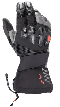 Alpinestars Amt-10 Drystar® XF Winter Gloves, Black and Dark Gray, Long Cuff Motorcycle Winter Gloves, featuring over-injected hard knuckle protection, accordion stretch panels on fingers, AMT branding with a red star logo, and a drawstring cuff closure