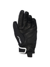 Alpinestars Stella Moblast Waterproof Gloves, palm view, Black with White accents, featuring goat leather palm, Alpinestars logo and Drystar branding on the thumb, short-cuff motorcycle gloves for women