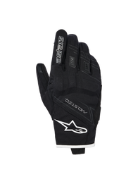 Alpinestars Stella Moblast Waterproof Gloves, Women's Motorcycle Gloves, Black with white trim, backhand view showing Alpinestars logo, MO.ST.EQ branding, and soft knuckle protection.